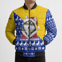 Bosnia and Herzegovina Christmas Bomber Puffer Jacket with Husky Dog Santa Hat and Blue Yellow Snowflake Pattern - Wonder Print Shop