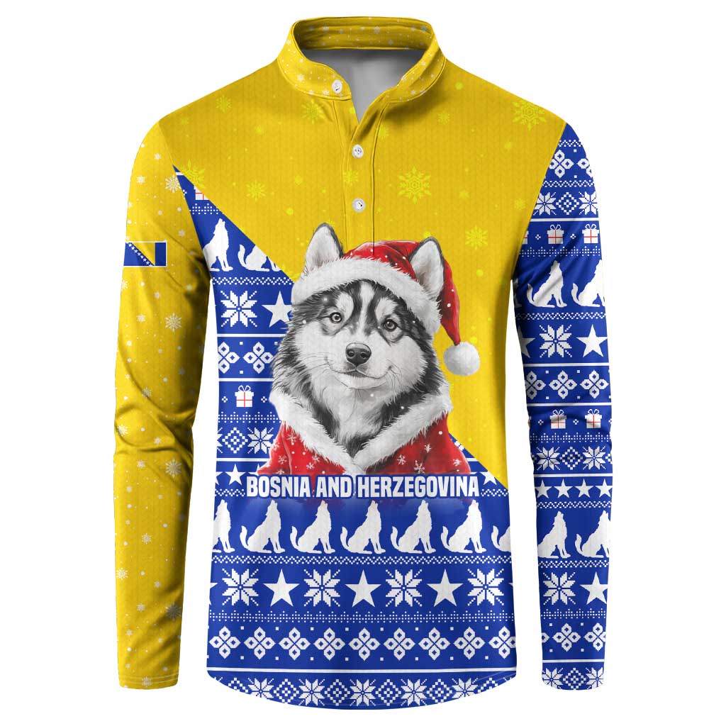Bosnia and Herzegovina Christmas Button Sweatshirt with Husky Dog Santa Hat and Blue Yellow Snowflake Pattern - Wonder Print Shop