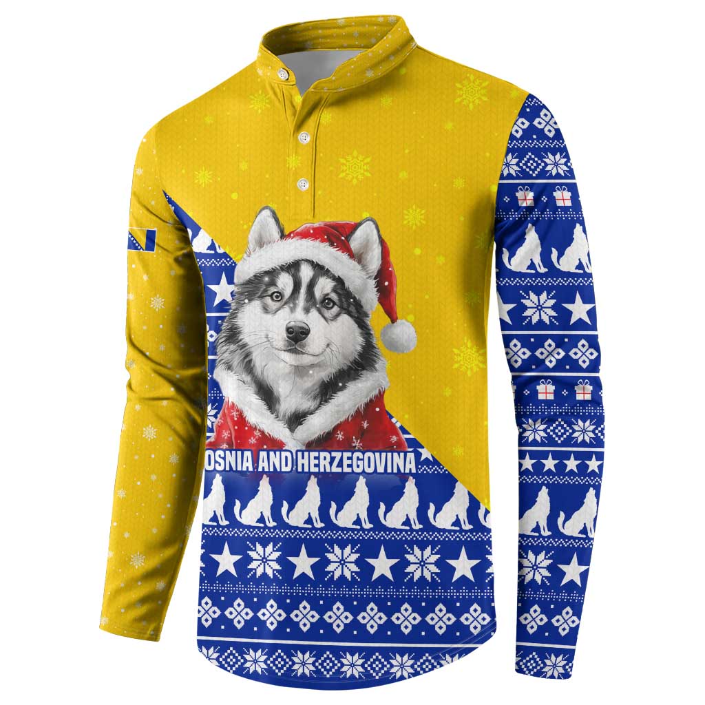Bosnia and Herzegovina Christmas Button Sweatshirt with Husky Dog Santa Hat and Blue Yellow Snowflake Pattern - Wonder Print Shop