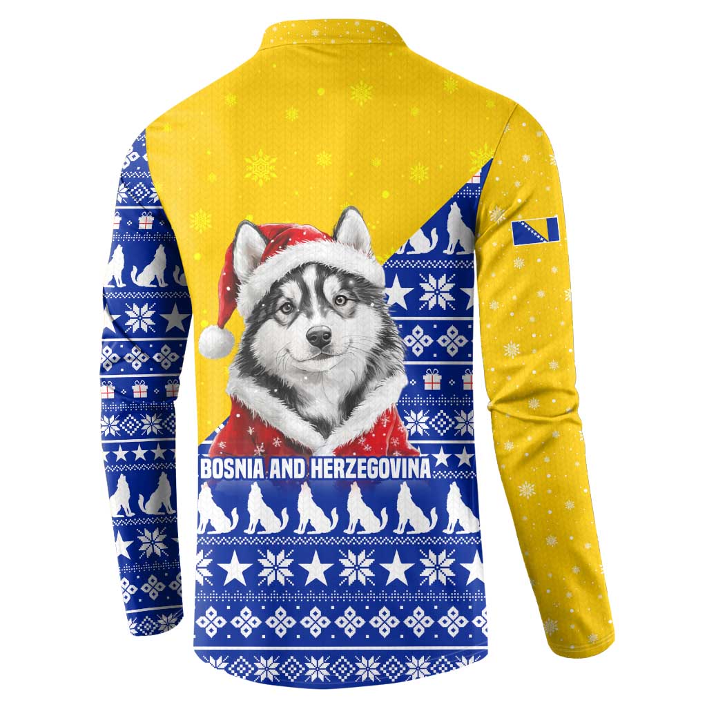 Bosnia and Herzegovina Christmas Button Sweatshirt with Husky Dog Santa Hat and Blue Yellow Snowflake Pattern - Wonder Print Shop