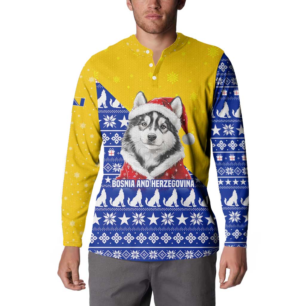 Bosnia and Herzegovina Christmas Button Sweatshirt with Husky Dog Santa Hat and Blue Yellow Snowflake Pattern - Wonder Print Shop