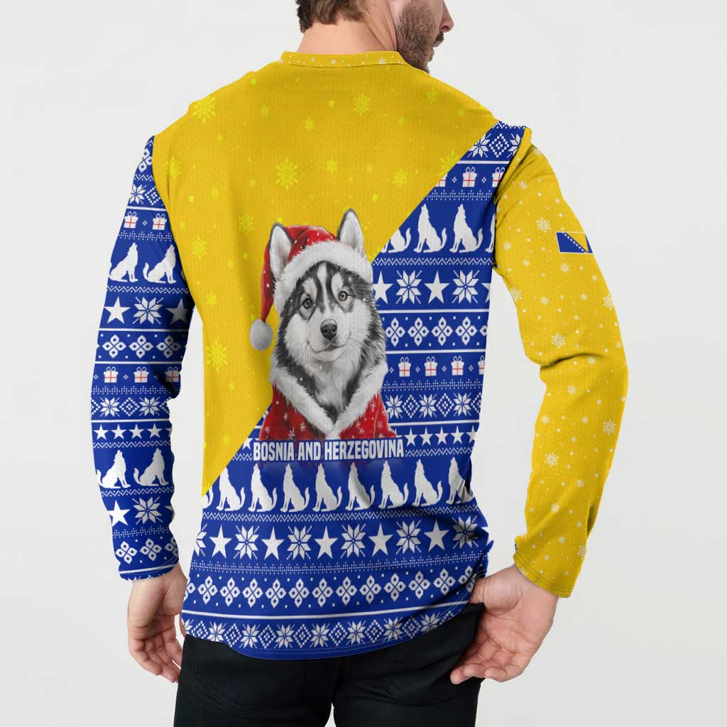 Bosnia and Herzegovina Christmas Button Sweatshirt with Husky Dog Santa Hat and Blue Yellow Snowflake Pattern - Wonder Print Shop