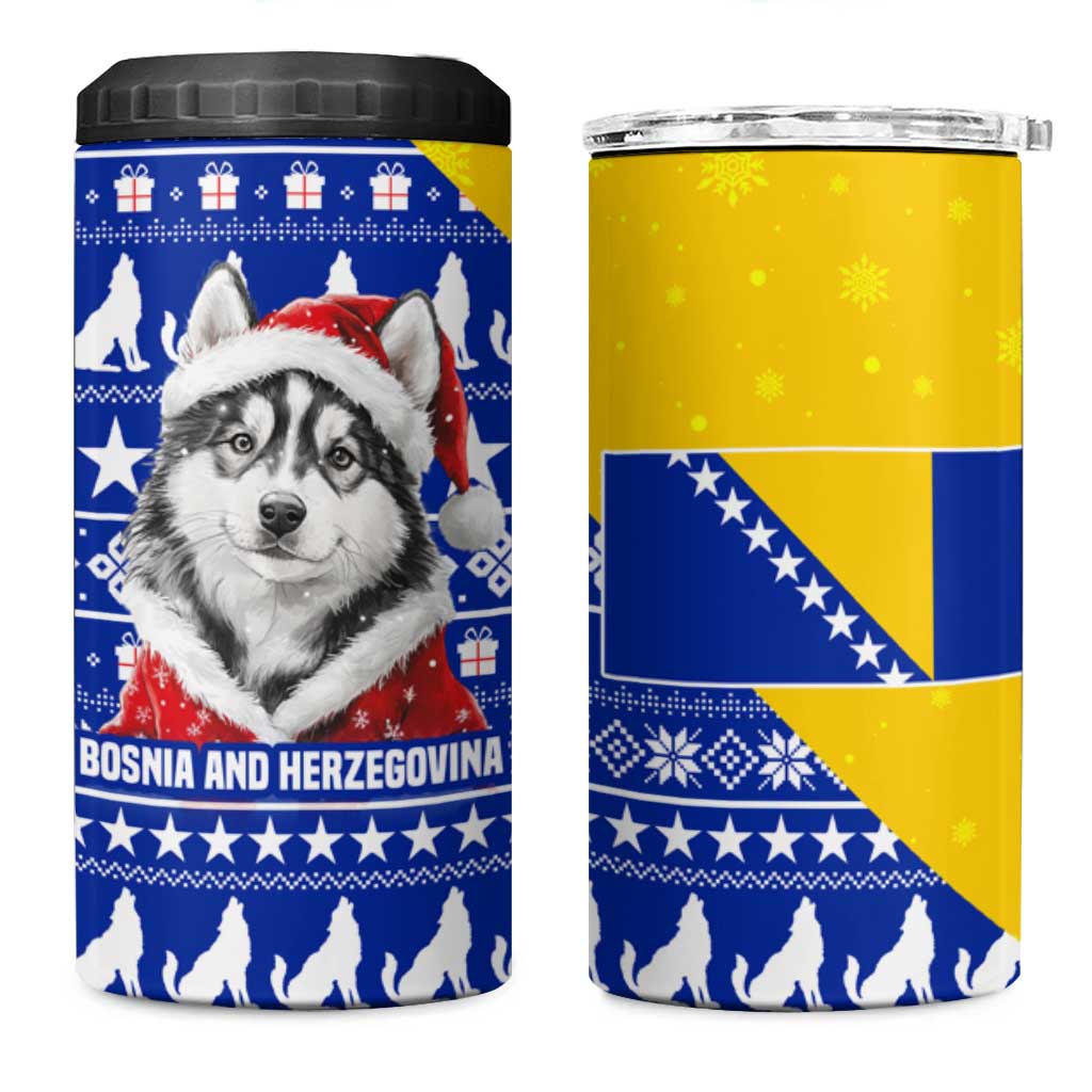 Bosnia and Herzegovina Christmas 4 in 1 Can Cooler Tumbler with Husky Dog Santa Hat and Blue Yellow Snowflake Pattern - Wonder Print Shop