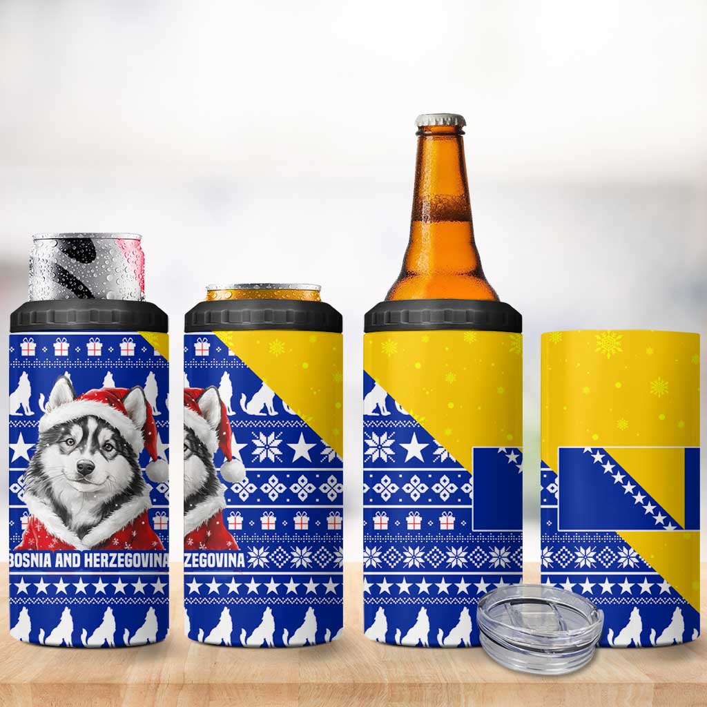 Bosnia and Herzegovina Christmas 4 in 1 Can Cooler Tumbler with Husky Dog Santa Hat and Blue Yellow Snowflake Pattern - Wonder Print Shop