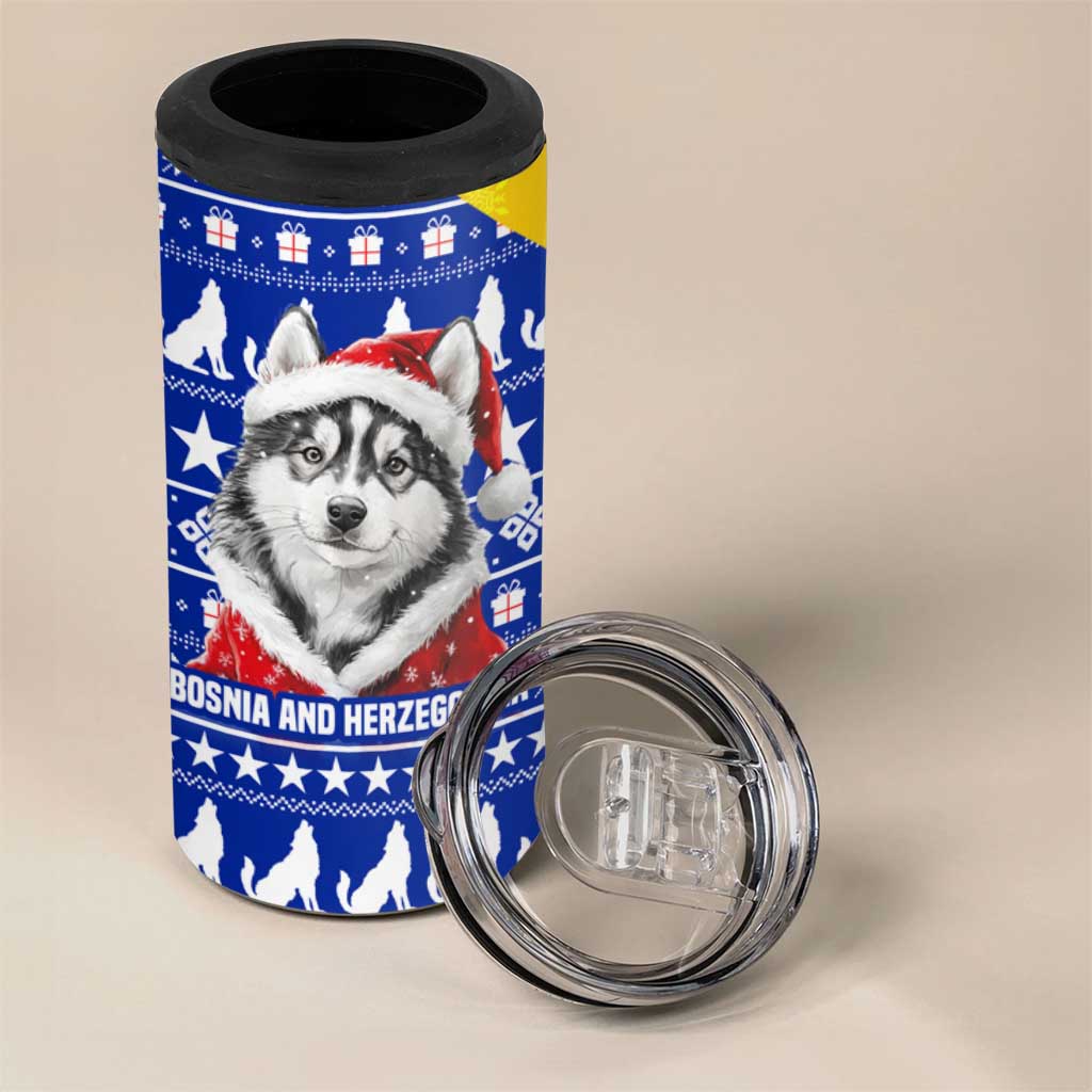 Bosnia and Herzegovina Christmas 4 in 1 Can Cooler Tumbler with Husky Dog Santa Hat and Blue Yellow Snowflake Pattern - Wonder Print Shop