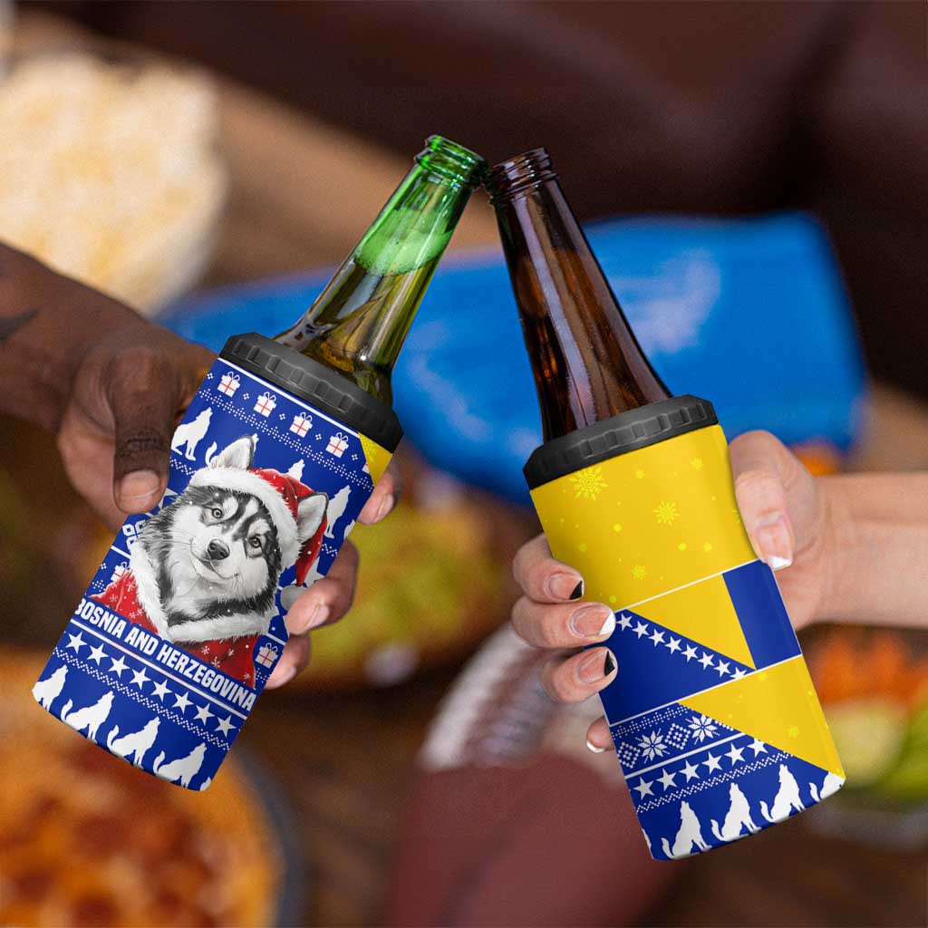 Bosnia and Herzegovina Christmas 4 in 1 Can Cooler Tumbler with Husky Dog Santa Hat and Blue Yellow Snowflake Pattern - Wonder Print Shop