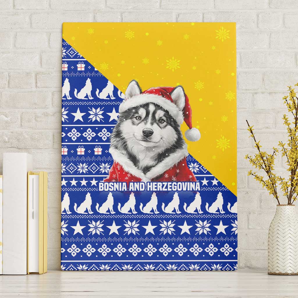 Bosnia and Herzegovina Christmas Canvas Wall Art with Husky Dog Santa Hat and Blue Yellow Snowflake Pattern - Wonder Print Shop