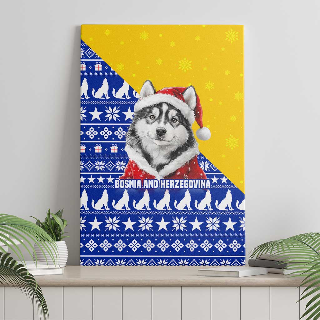 Bosnia and Herzegovina Christmas Canvas Wall Art with Husky Dog Santa Hat and Blue Yellow Snowflake Pattern - Wonder Print Shop