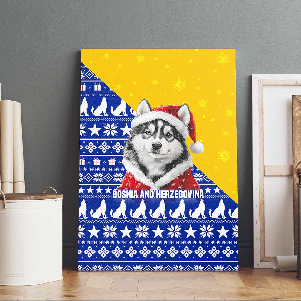 Bosnia and Herzegovina Christmas Canvas Wall Art with Husky Dog Santa Hat and Blue Yellow Snowflake Pattern - Wonder Print Shop