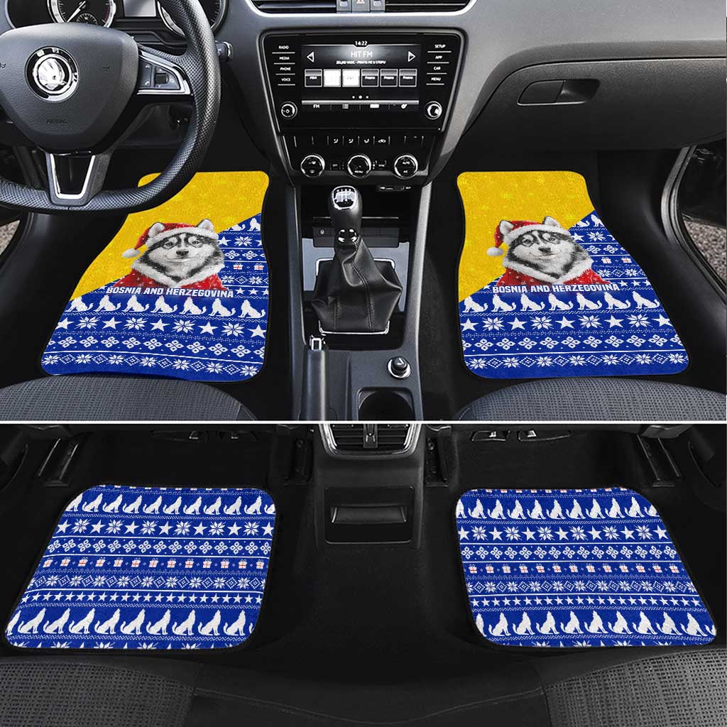 Bosnia and Herzegovina Christmas Car Mats with Husky Dog Santa Hat and Blue Yellow Snowflake Pattern - Wonder Print Shop