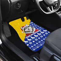 Bosnia and Herzegovina Christmas Car Mats with Husky Dog Santa Hat and Blue Yellow Snowflake Pattern - Wonder Print Shop