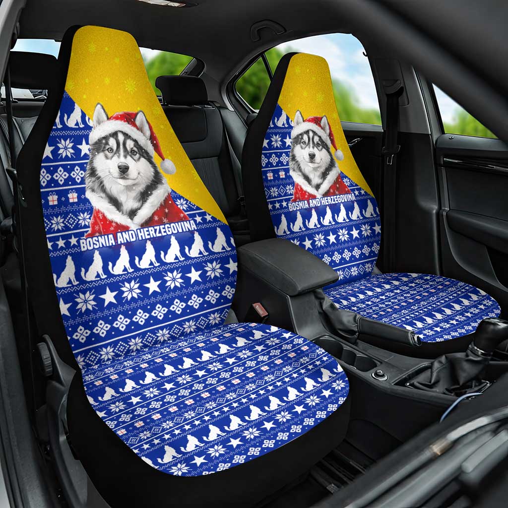 Bosnia and Herzegovina Christmas Car Seat Cover with Husky Dog Santa Hat and Blue Yellow Snowflake Pattern - Wonder Print Shop