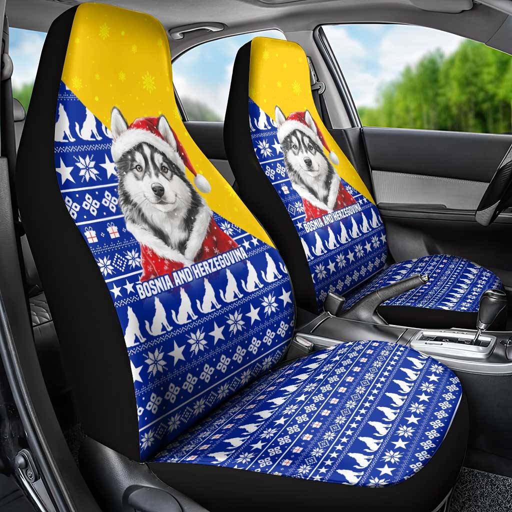 Bosnia and Herzegovina Christmas Car Seat Cover with Husky Dog Santa Hat and Blue Yellow Snowflake Pattern - Wonder Print Shop