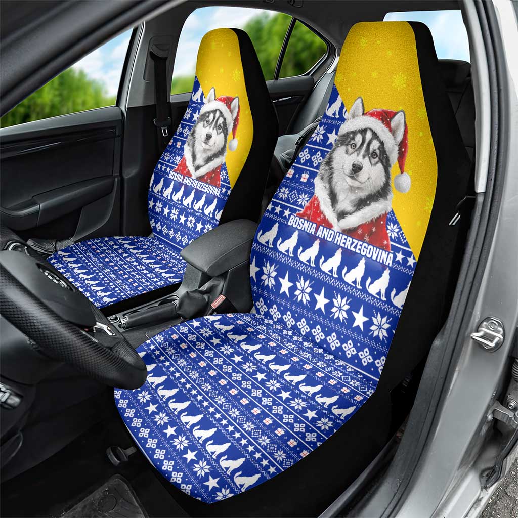 Bosnia and Herzegovina Christmas Car Seat Cover with Husky Dog Santa Hat and Blue Yellow Snowflake Pattern - Wonder Print Shop