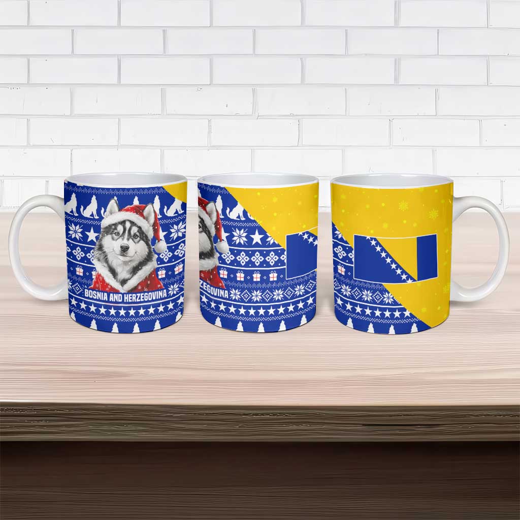Bosnia and Herzegovina Christmas Ceramic Mug with Husky Dog Santa Hat and Blue Yellow Snowflake Pattern - Wonder Print Shop