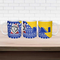 Bosnia and Herzegovina Christmas Ceramic Mug with Husky Dog Santa Hat and Blue Yellow Snowflake Pattern - Wonder Print Shop