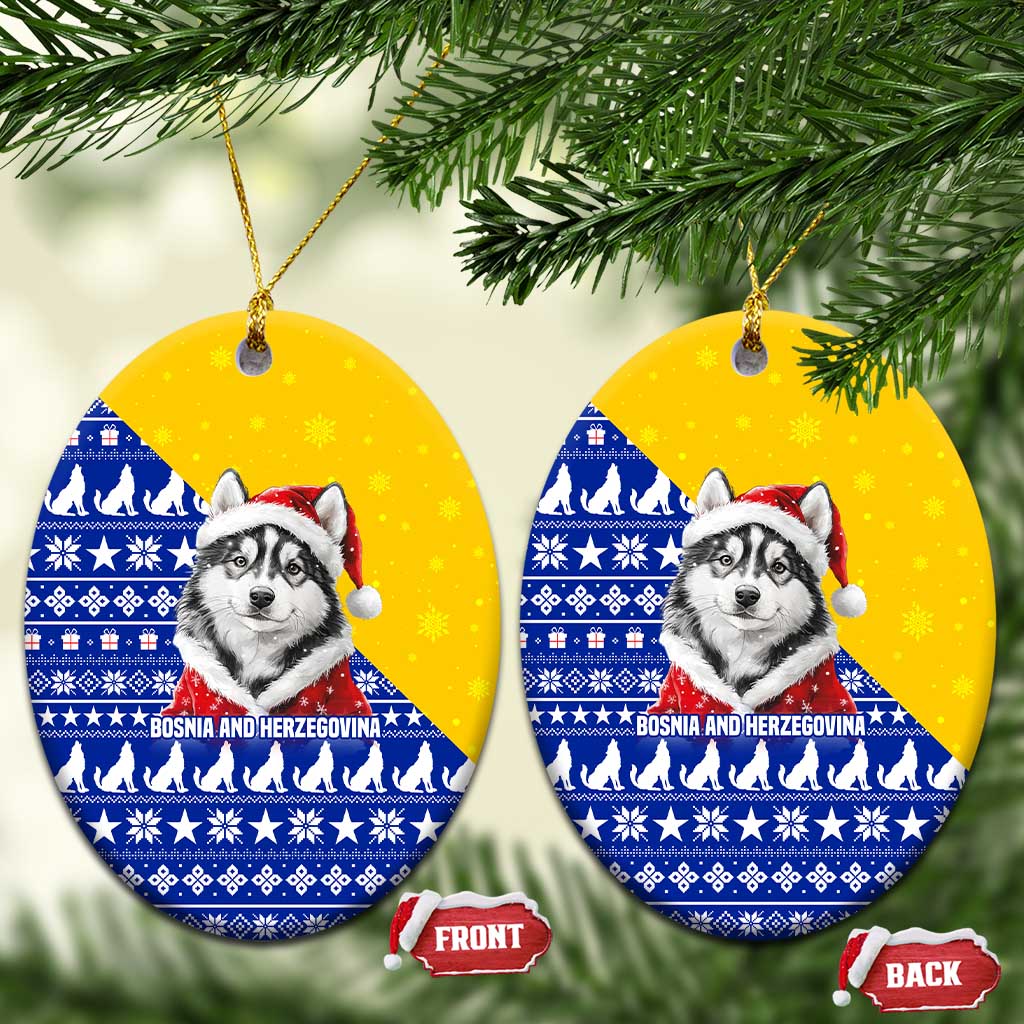 Bosnia and Herzegovina Christmas Ceramic Ornament with Husky Dog Santa Hat and Blue Yellow Snowflake Pattern - Wonder Print Shop