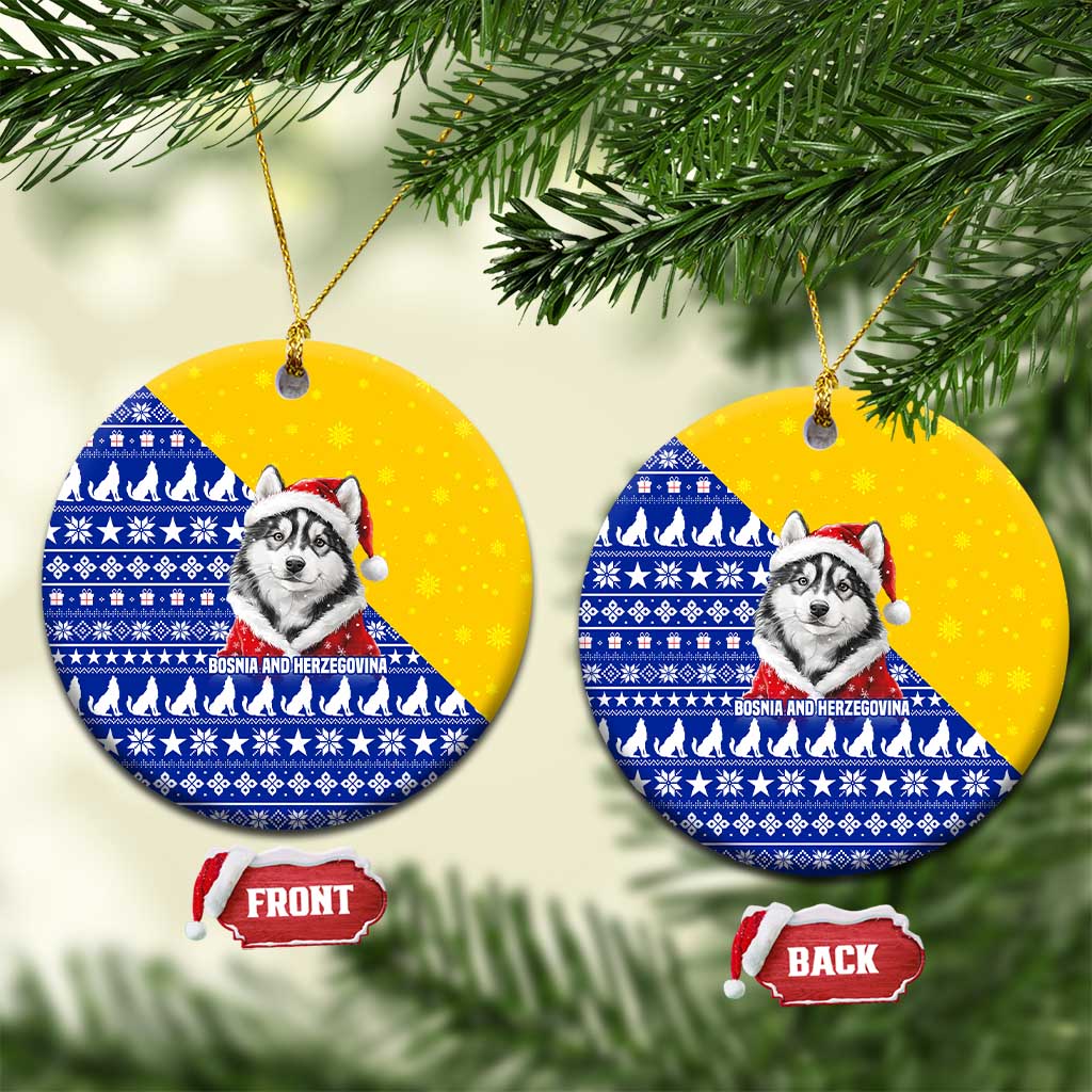 Bosnia and Herzegovina Christmas Ceramic Ornament with Husky Dog Santa Hat and Blue Yellow Snowflake Pattern - Wonder Print Shop