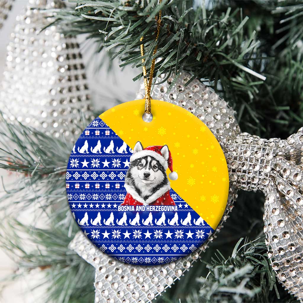 Bosnia and Herzegovina Christmas Ceramic Ornament with Husky Dog Santa Hat and Blue Yellow Snowflake Pattern - Wonder Print Shop