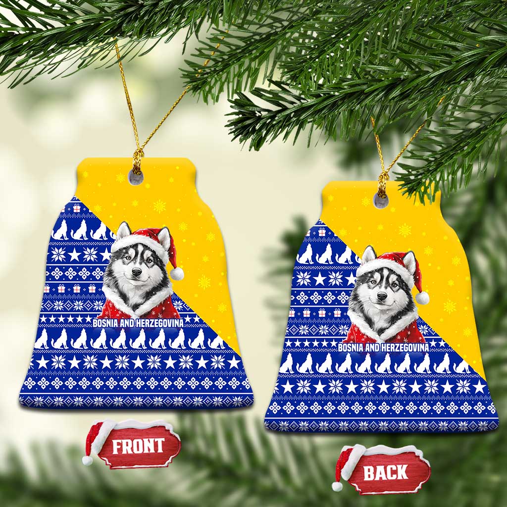 Bosnia and Herzegovina Christmas Ceramic Ornament with Husky Dog Santa Hat and Blue Yellow Snowflake Pattern - Wonder Print Shop