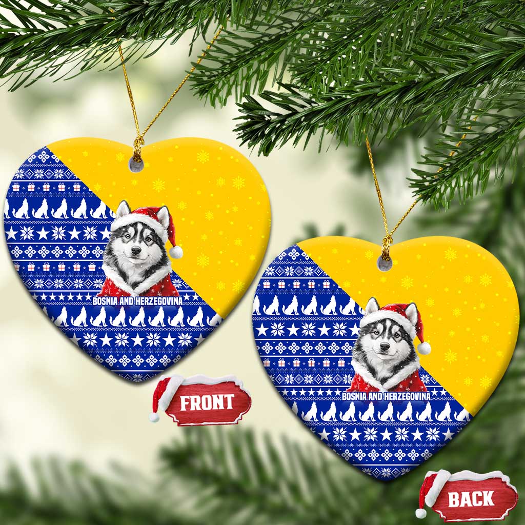 Bosnia and Herzegovina Christmas Ceramic Ornament with Husky Dog Santa Hat and Blue Yellow Snowflake Pattern - Wonder Print Shop