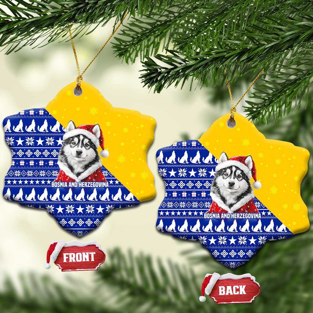 Bosnia and Herzegovina Christmas Ceramic Ornament with Husky Dog Santa Hat and Blue Yellow Snowflake Pattern - Wonder Print Shop