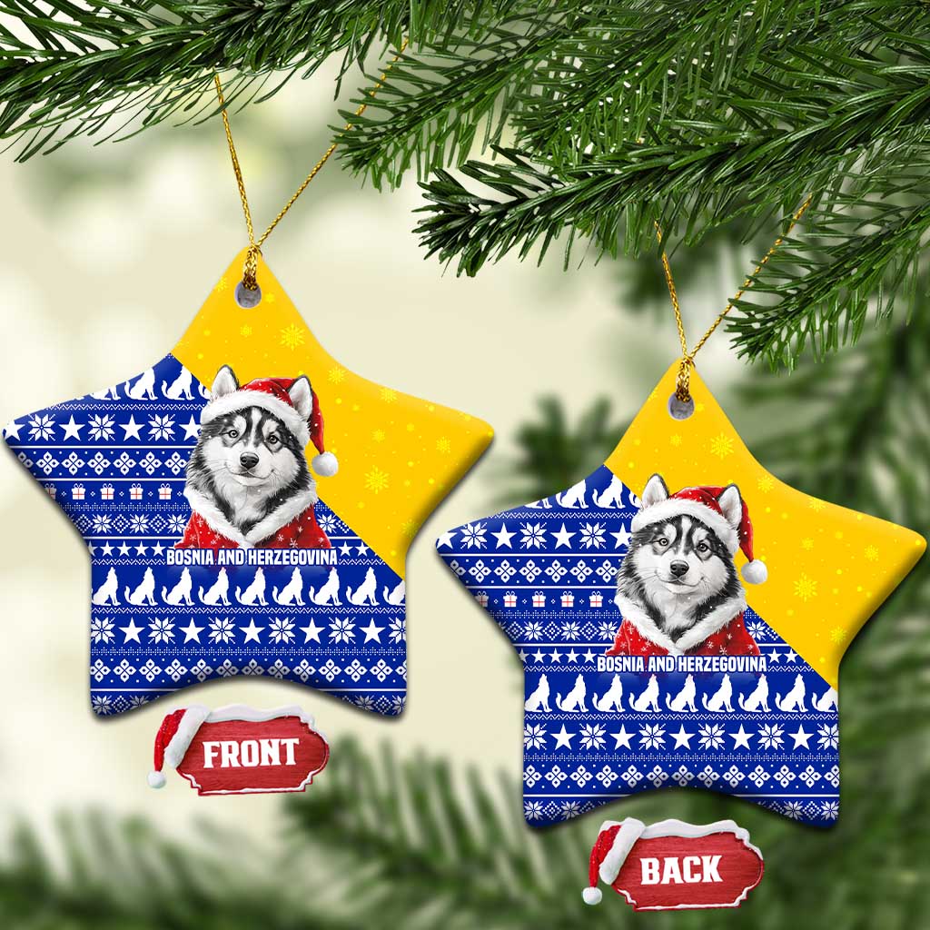 Bosnia and Herzegovina Christmas Ceramic Ornament with Husky Dog Santa Hat and Blue Yellow Snowflake Pattern - Wonder Print Shop