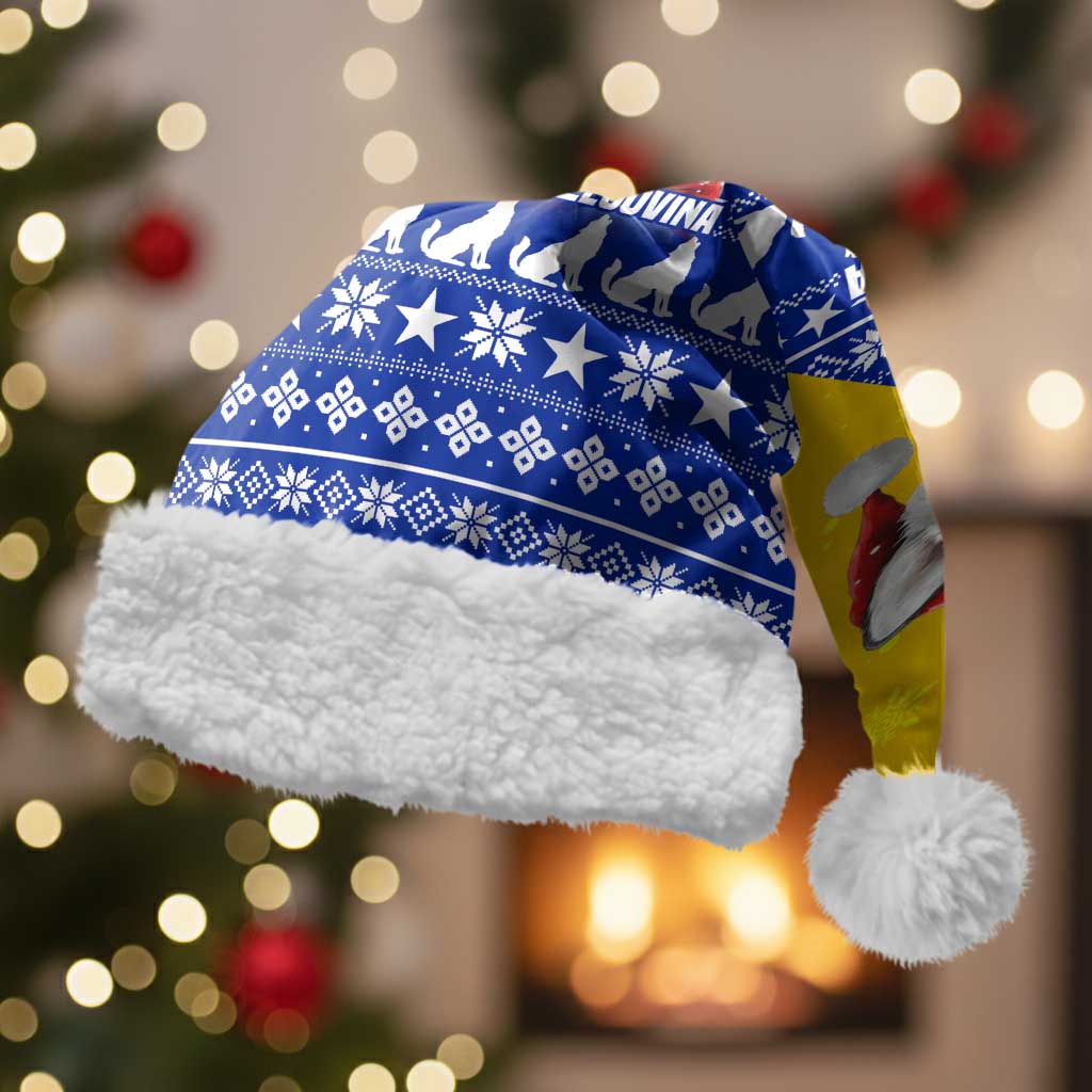 Bosnia and Herzegovina Christmas Santa Hat with Husky Dog Santa Hat and Blue Yellow Snowflake Pattern - Wonder Print Shop