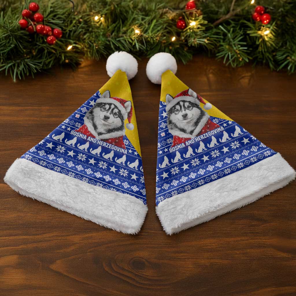 Bosnia and Herzegovina Christmas Santa Hat with Husky Dog Santa Hat and Blue Yellow Snowflake Pattern - Wonder Print Shop