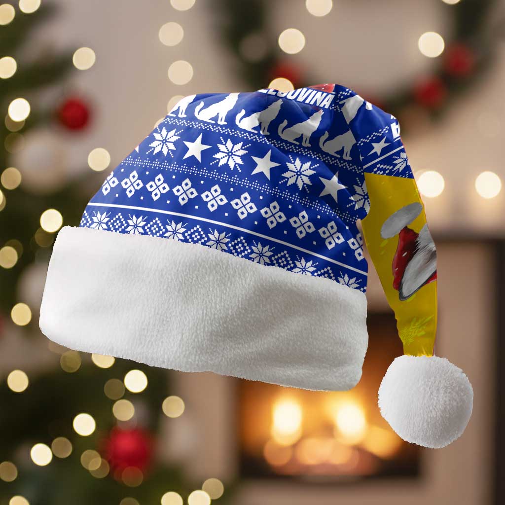 Bosnia and Herzegovina Christmas Santa Hat with Husky Dog Santa Hat and Blue Yellow Snowflake Pattern - Wonder Print Shop