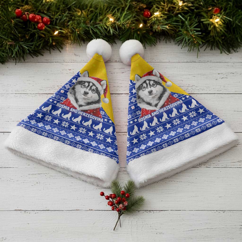 Bosnia and Herzegovina Christmas Santa Hat with Husky Dog Santa Hat and Blue Yellow Snowflake Pattern - Wonder Print Shop