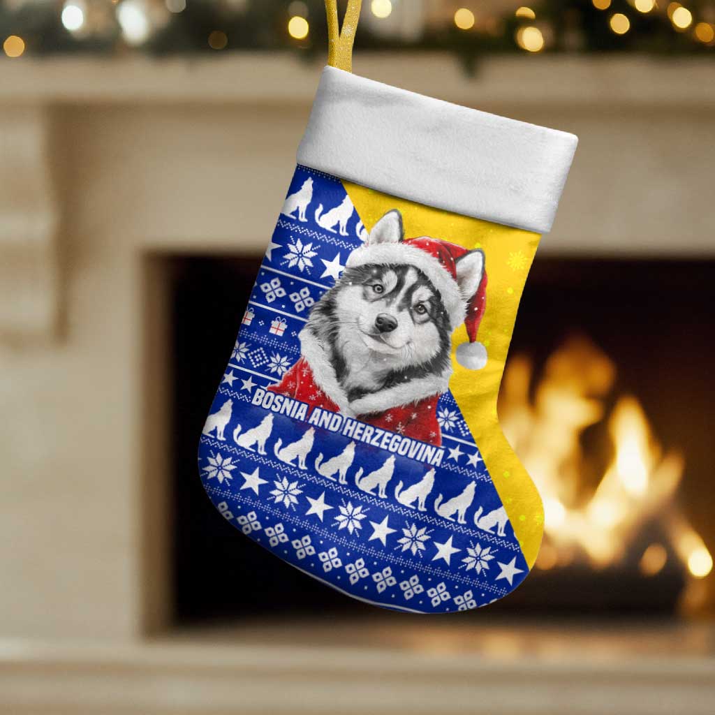 Bosnia and Herzegovina Christmas Stocking with Husky Dog Santa Hat and Blue Yellow Snowflake Pattern - Wonder Print Shop