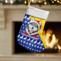 Bosnia and Herzegovina Christmas Stocking with Husky Dog Santa Hat and Blue Yellow Snowflake Pattern - Wonder Print Shop