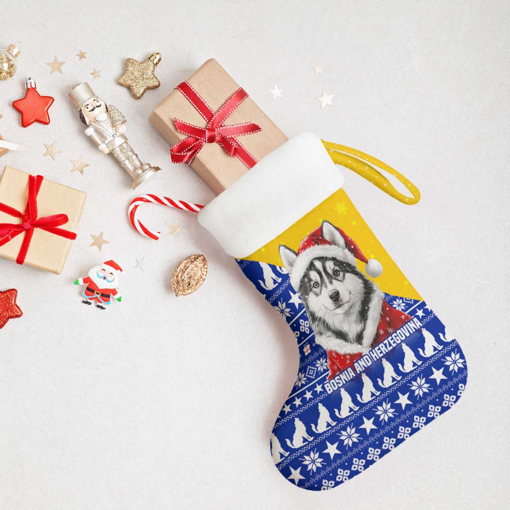 Bosnia and Herzegovina Christmas Stocking with Husky Dog Santa Hat and Blue Yellow Snowflake Pattern - Wonder Print Shop