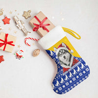 Bosnia and Herzegovina Christmas Stocking with Husky Dog Santa Hat and Blue Yellow Snowflake Pattern - Wonder Print Shop