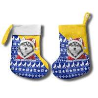 Bosnia and Herzegovina Christmas Stocking with Husky Dog Santa Hat and Blue Yellow Snowflake Pattern - Wonder Print Shop