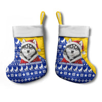 Bosnia and Herzegovina Christmas Stocking with Husky Dog Santa Hat and Blue Yellow Snowflake Pattern - Wonder Print Shop