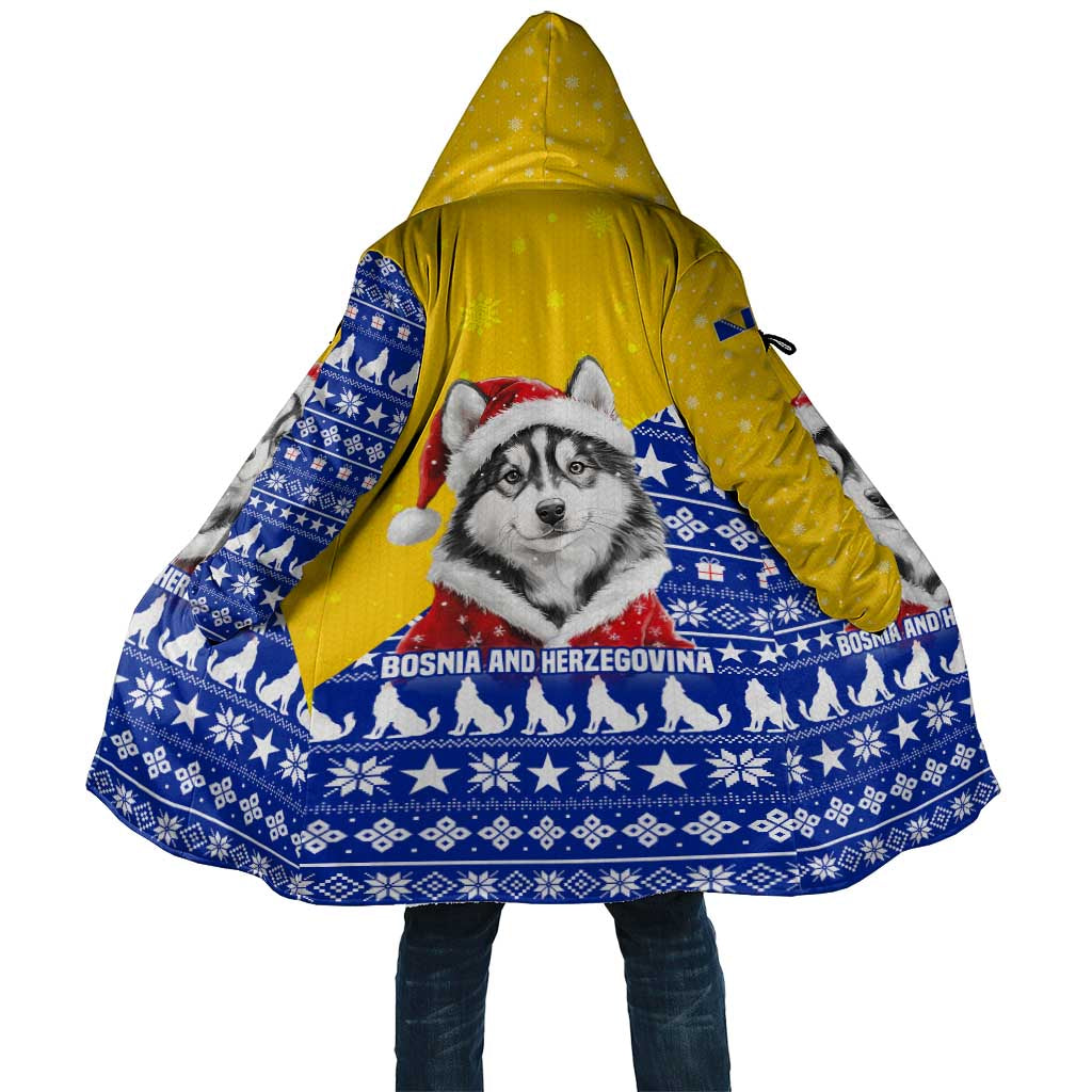 Bosnia and Herzegovina Christmas Cloak with Husky Dog Santa Hat and Blue Yellow Snowflake Pattern - Wonder Print Shop