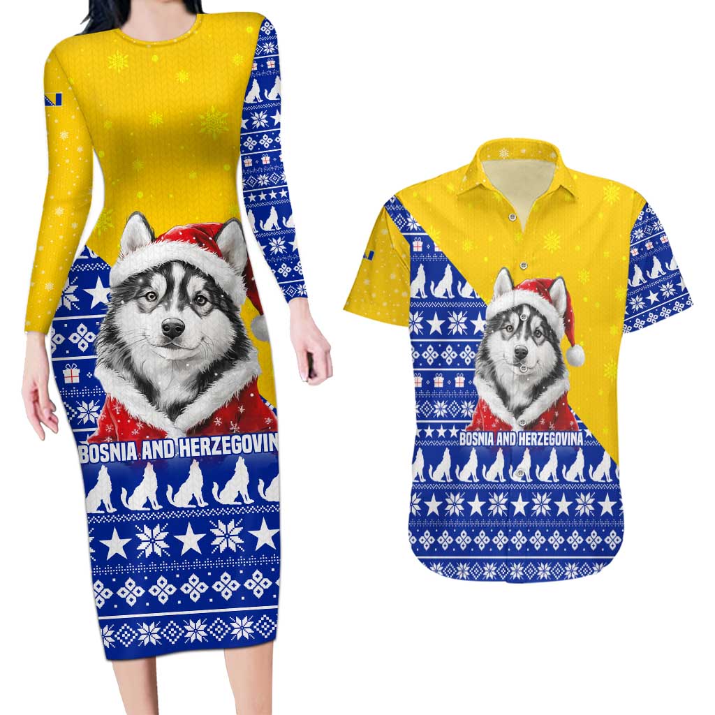 Bosnia and Herzegovina Christmas Couples Matching Long Sleeve Bodycon Dress and Hawaiian Shirt with Husky Dog Santa Hat and Blue Yellow Snowflake Pattern - Wonder Print Shop