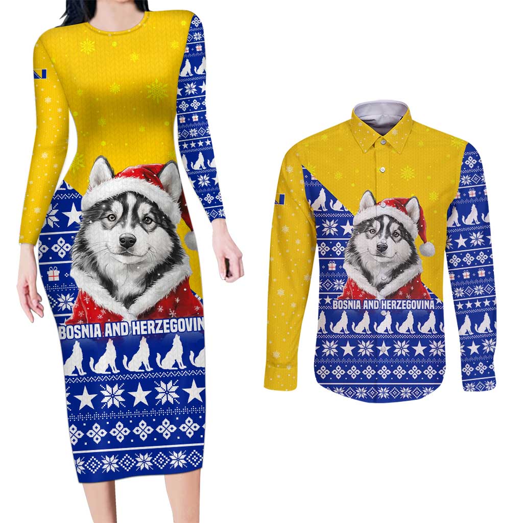 Bosnia and Herzegovina Christmas Couples Matching Long Sleeve Bodycon Dress and Long Sleeve Button Shirt with Husky Dog Santa Hat and Blue Yellow Snowflake Pattern - Wonder Print Shop