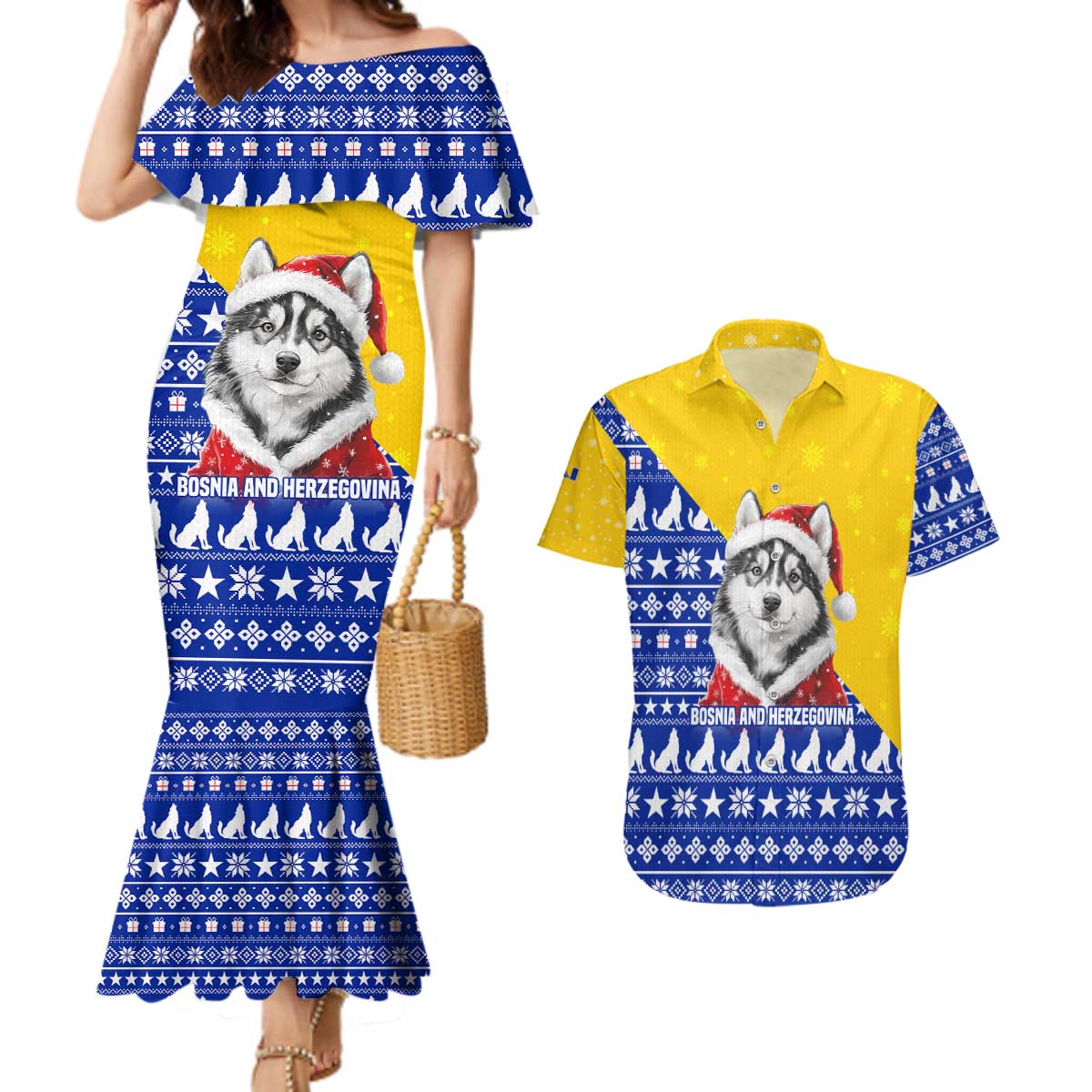 Bosnia and Herzegovina Christmas Couples Matching Mermaid Dress and Hawaiian Shirt with Husky Dog Santa Hat and Blue Yellow Snowflake Pattern - Wonder Print Shop