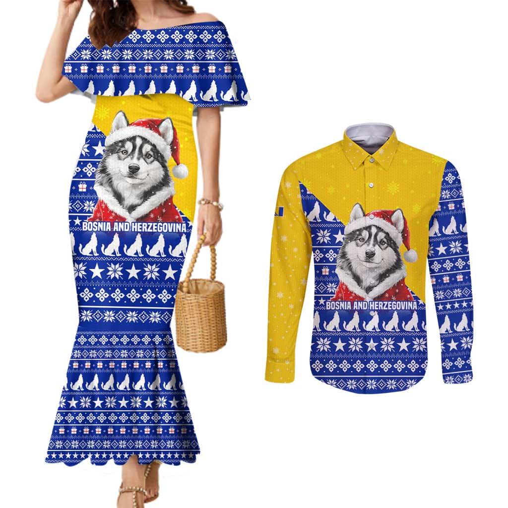 Bosnia and Herzegovina Christmas Couples Matching Mermaid Dress and Long Sleeve Button Shirt with Husky Dog Santa Hat and Blue Yellow Snowflake Pattern - Wonder Print Shop