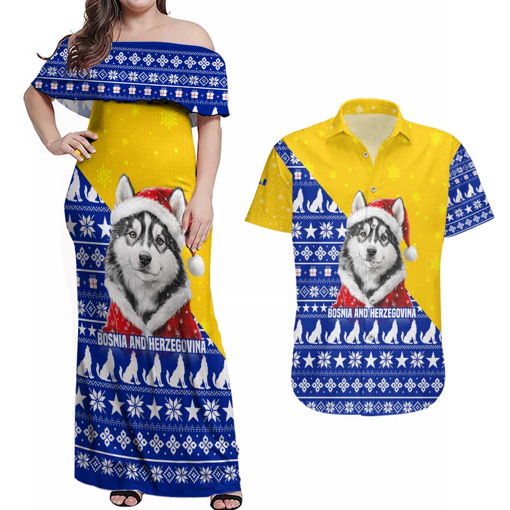 Bosnia and Herzegovina Christmas Couples Matching Off Shoulder Maxi Dress and Hawaiian Shirt with Husky Dog Santa Hat and Blue Yellow Snowflake Pattern - Wonder Print Shop