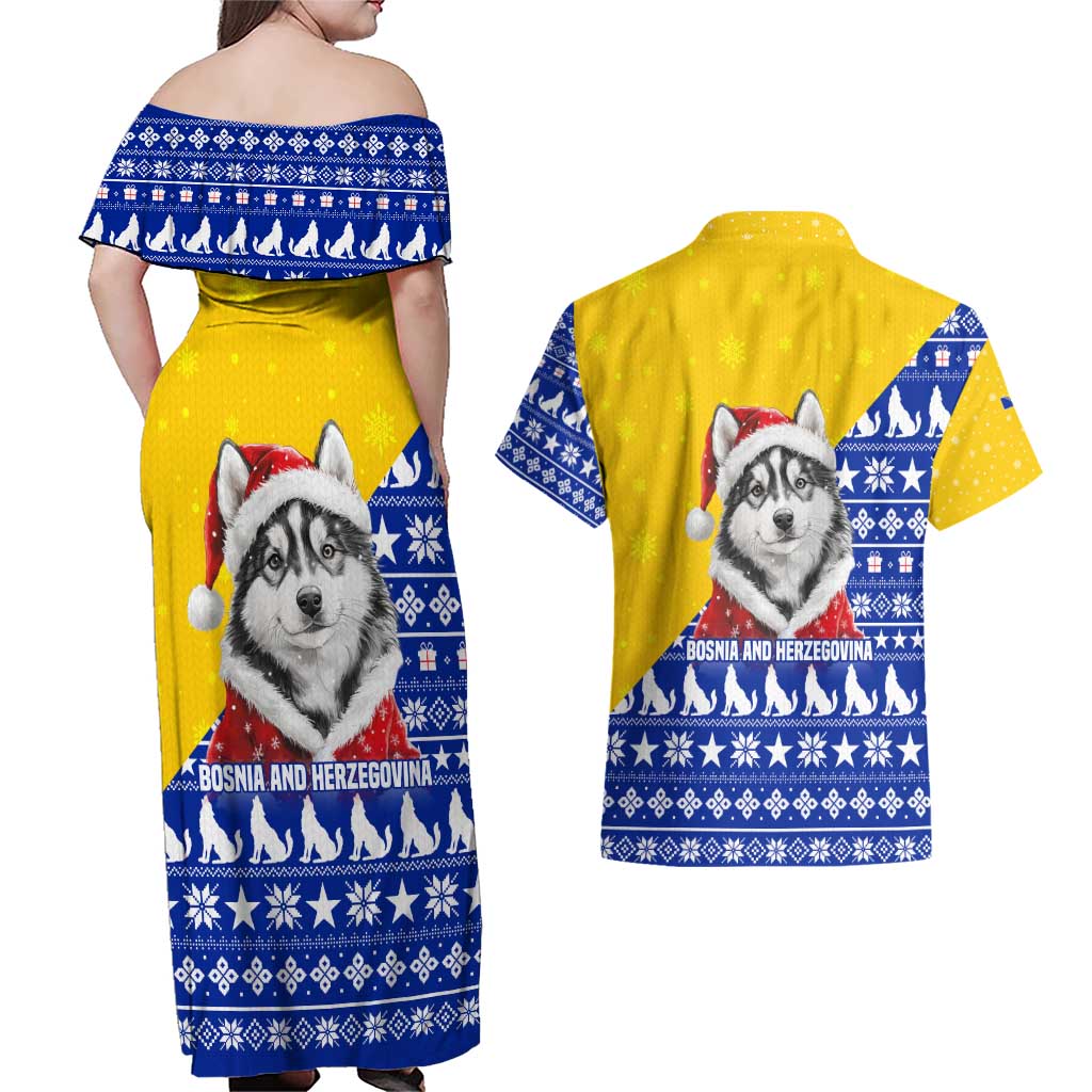 Bosnia and Herzegovina Christmas Couples Matching Off Shoulder Maxi Dress and Hawaiian Shirt with Husky Dog Santa Hat and Blue Yellow Snowflake Pattern - Wonder Print Shop