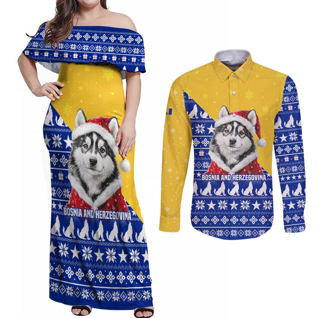 Bosnia and Herzegovina Christmas Couples Matching Off Shoulder Maxi Dress and Long Sleeve Button Shirt with Husky Dog Santa Hat and Blue Yellow Snowflake Pattern - Wonder Print Shop