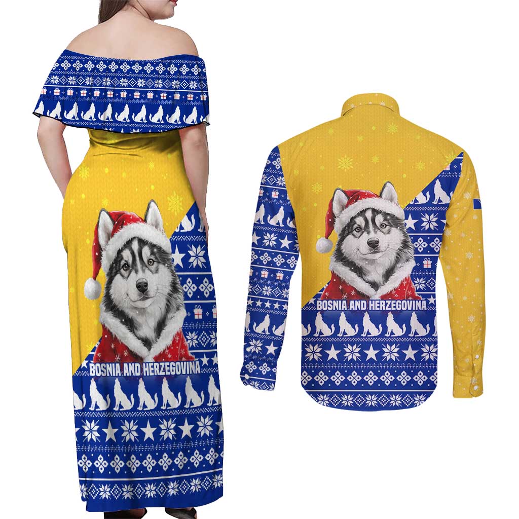 Bosnia and Herzegovina Christmas Couples Matching Off Shoulder Maxi Dress and Long Sleeve Button Shirt with Husky Dog Santa Hat and Blue Yellow Snowflake Pattern - Wonder Print Shop