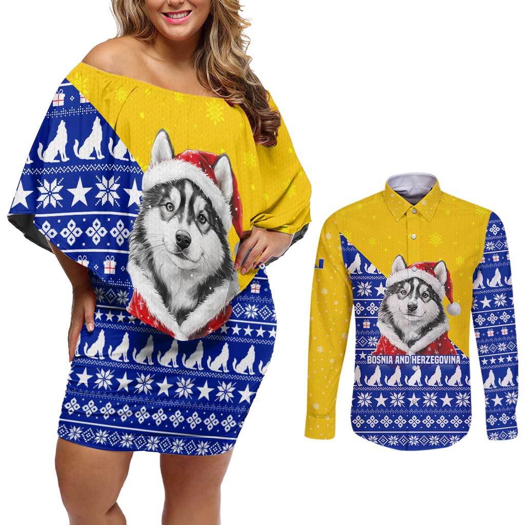 Bosnia and Herzegovina Christmas Couples Matching Off Shoulder Short Dress and Long Sleeve Button Shirt with Husky Dog Santa Hat and Blue Yellow Snowflake Pattern - Wonder Print Shop