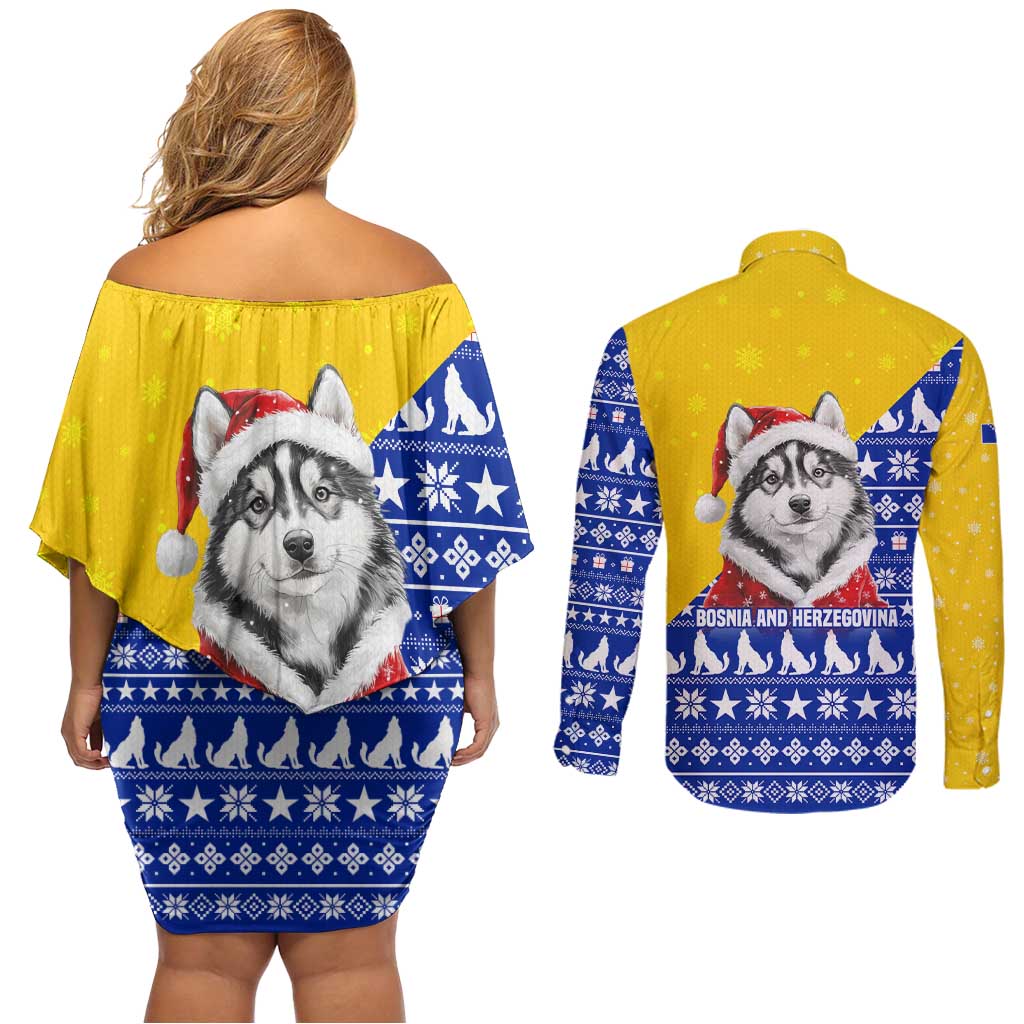 Bosnia and Herzegovina Christmas Couples Matching Off Shoulder Short Dress and Long Sleeve Button Shirt with Husky Dog Santa Hat and Blue Yellow Snowflake Pattern - Wonder Print Shop