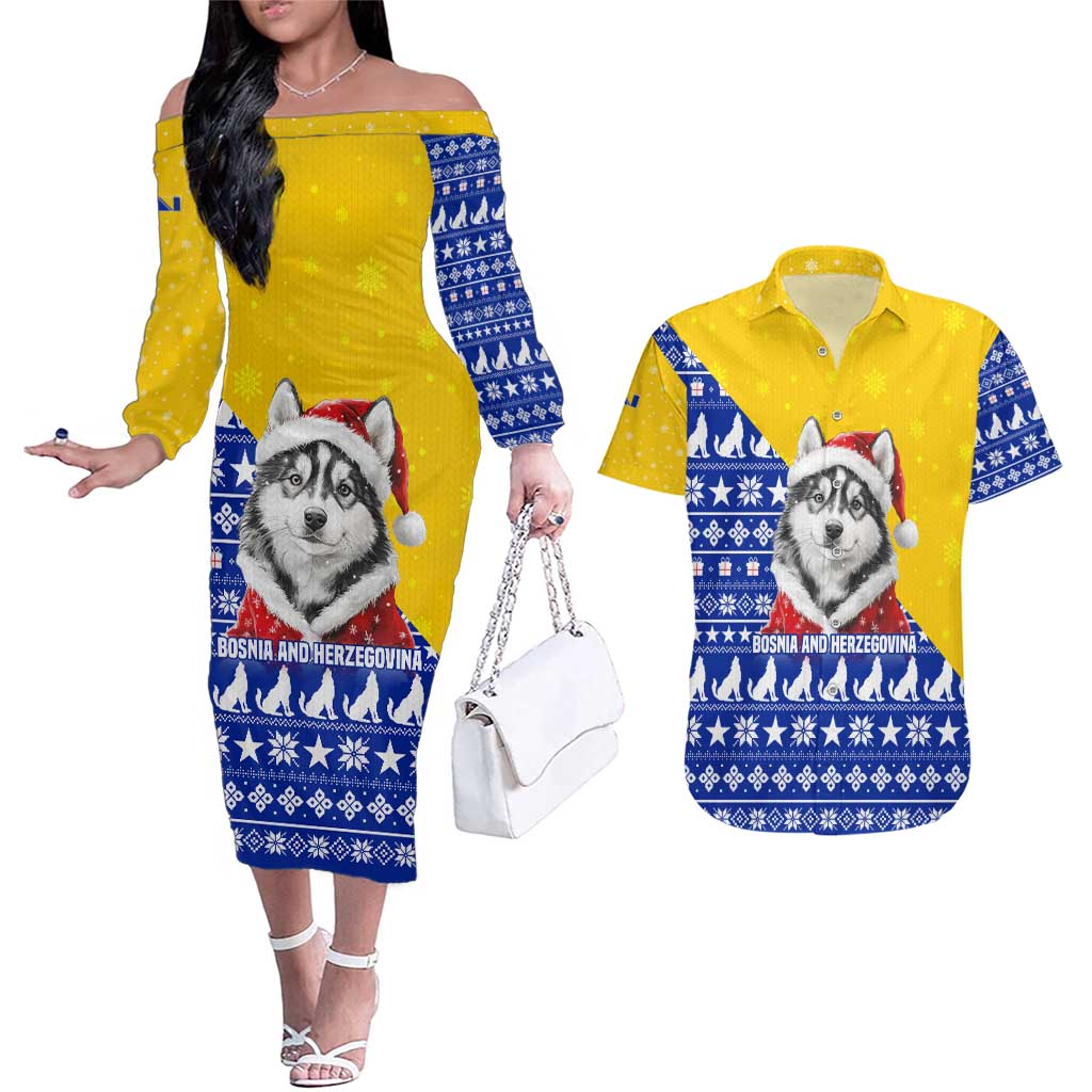 Bosnia and Herzegovina Christmas Couples Matching Off The Shoulder Long Sleeve Dress and Hawaiian Shirt with Husky Dog Santa Hat and Blue Yellow Snowflake Pattern - Wonder Print Shop