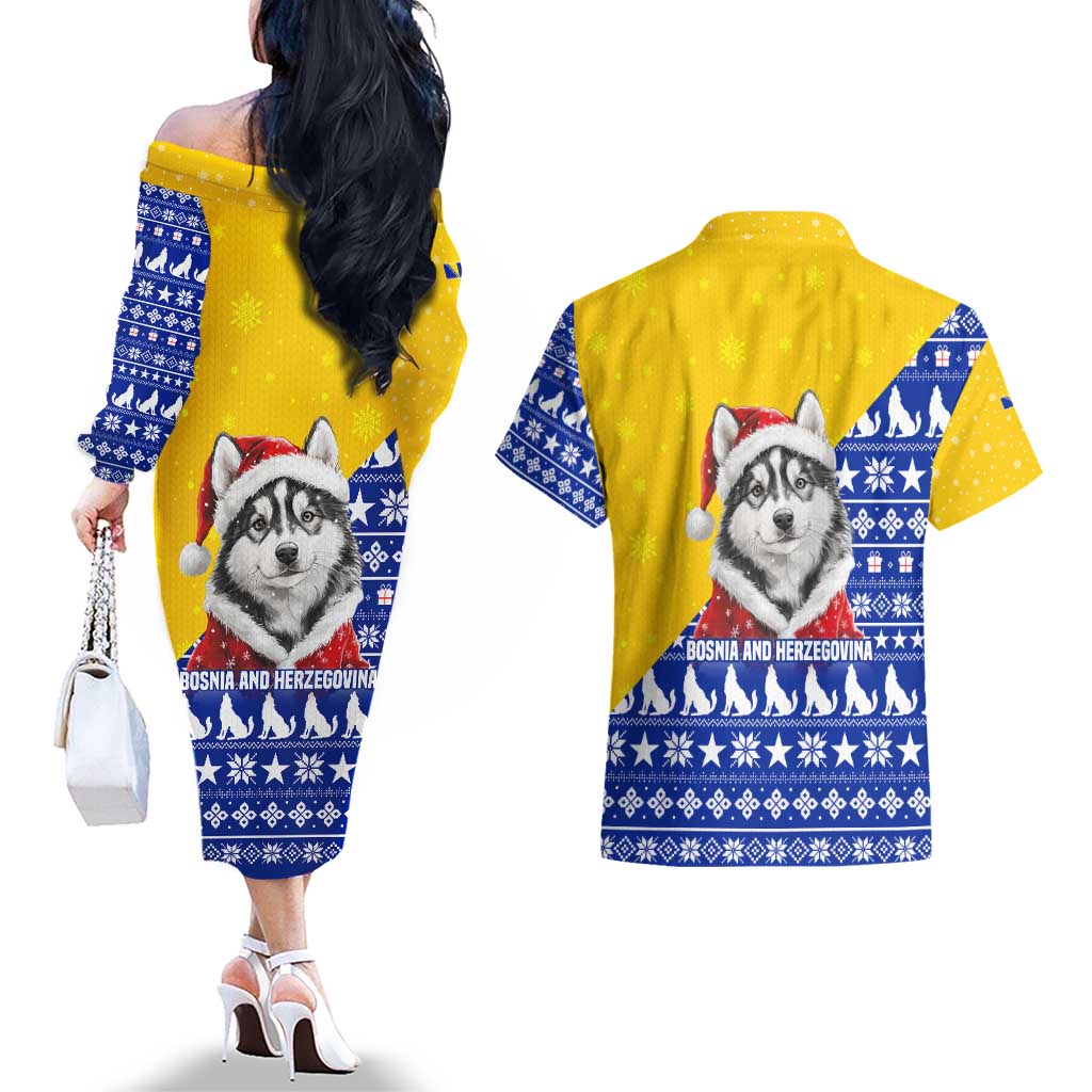 Bosnia and Herzegovina Christmas Couples Matching Off The Shoulder Long Sleeve Dress and Hawaiian Shirt with Husky Dog Santa Hat and Blue Yellow Snowflake Pattern - Wonder Print Shop